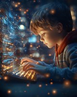 Young boy typing on keyboard surrounded by glowing digital particles and code elements, dramatic lighting creates magical atmosphere for technology concept.