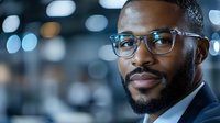 Professional African American businessman with glasses and beard in modern office environment with bokeh lights for corporate presentations.