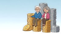 Senior couple sitting on stacks of coins planning retirement savings and financial security for golden years with pension funds.