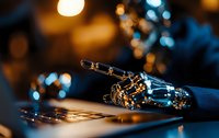 Robotic hand touching laptop keyboard in dark room with dramatic lighting and bokeh effects, showcasing artificial intelligence and future technology advancement.