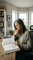 Mature woman with gray hair reading book at home office desk, thoughtful expression, cozy interior with bookshelves and natural light for lifestyle content.