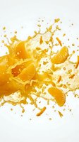 Fresh orange juice splash with citrus segments and droplets on white background for beverage advertising and healthy drink promotions.