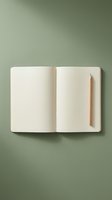 Open notebook with blank cream pages and wooden pencil on sage green background, ready for writing, planning, and creative projects.