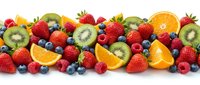 Fresh mixed fruits border with strawberries, kiwi, oranges, blueberries and raspberries isolated on white background for healthy eating designs.