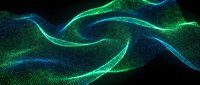Abstract flowing waves of neon green and blue particles creating dynamic motion against dark background, suitable for technology, digital design, and modern visual effects projects.
