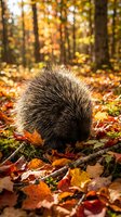 Porcupine foraging among colorful autumn leaves in forest with warm golden sunlight filtering through trees creating natural wildlife habitat scene.