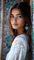 Young Mediterranean woman in white lace dress and turquoise ethnic earrings poses against ornate mosaic wall. Natural makeup and loose wavy brown hair create romantic portrait.