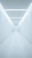 Modern white corridor with LED ceiling lights creating geometric patterns in minimalist architectural interior space for contemporary design projects.