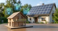 Wooden house model with smart home technology icons and solar panel house in background representing sustainable energy solutions.