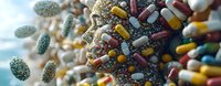 Microscopic view of colorful bacteria and antibiotic pills in scientific research, showing drug resistance concept against pathogens in medical study.
