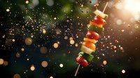 Colorful vegetable and meat kebab skewer with bokeh light effect and flying spices on dark background, dramatic food photography composition.