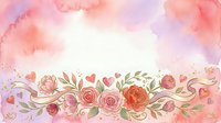 Watercolor floral border with pink roses, hearts, and ornamental swirls on white background. Isolated design element suitable for wedding invitations, greeting cards, and decorative projects.