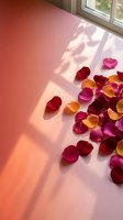 Colorful rose petals scattered on a pink surface with warm sunlight and soft shadows, evoking romance, love, and natural beauty.