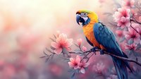 Blue and gold macaw perched on blooming cherry blossom branch against soft pink background, creating magical spring atmosphere with delicate floral composition.