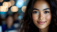 Young Asian woman with glowing skin and natural makeup smiling warmly against blurred bokeh lights background, expressing confidence and joy in professional portrait.