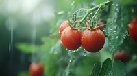 Fresh ripe cherry tomatoes with water drops on green vine, macro photography in natural light showing morning dew and garden freshness.