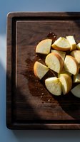 Fresh apple slices arranged on rustic wooden cutting board with crumbs, overhead view for healthy snacking and cooking preparation concepts.
