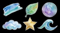 Watercolor painted fish, leaf, sphere, cloud, star, and wave isolated on transparent background. Ready for clipart, t-shirt design, stickers, sublimation, and print-on-demand projects.