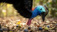 Colorful cassowary bird with vibrant blue and black plumage foraging on forest floor among fallen leaves and natural debris in tropical rainforest habitat.