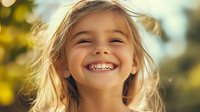 Young Caucasian girl with blonde hair laughing joyfully outdoors in natural sunlight, showing genuine happiness with bright smile and glowing backlit hair.