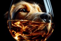 Golden retriever dog nose and face partially visible through wine glass filled with amber liquid, creating artistic refraction and warm glowing effect against dark background.