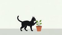 Black cat silhouette sniffing small potted plant with green leaves in terracotta pot on neutral background for pet care and home decor designs.
