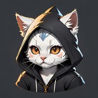 White cat wearing black hoodie with amber eyes and detailed fur texture on dark background, digital art style character portrait for gaming or social media avatar.