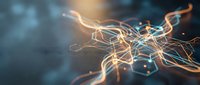 Abstract glowing neural network connections with flowing light trails and nodes representing artificial intelligence and data transfer technology.