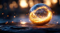 Glowing crystal sphere with swirling golden energy patterns sits on wooden surface against warm bokeh lights background for meditation and spiritual concepts.