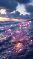 Glowing crystal hearts on ocean shore at sunset with dramatic sky and sparkling water reflections creating romantic magical atmosphere for love concepts.
