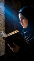 Woman wearing blue hijab reading open book in dramatic lighting with dark background, suitable for religious education, spirituality, and literacy concepts.