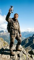 Middle-aged male hiker with beard standing on mountain peak holding water bottle aloft, wearing khaki backpack and hiking gear against alpine landscape with valleys below.