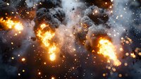 Dramatic explosion with flying sparks and dark smoke clouds against night sky, creating intense atmosphere of danger and destruction with glowing fire elements.
