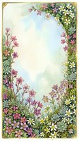 Watercolor floral border frame with pink, purple and white wildflowers, green succulents, soft blue sky background, copy space for text or greeting card design.