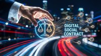 Professional businessman hand protecting digital social contract concept with justice scales hologram and network connections on futuristic city background.