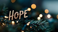 Glittering gold "Hope" text on evergreen branch with soft bokeh lights creating magical holiday atmosphere and inspiring seasonal message of optimism.