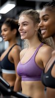 Happy diverse women smiling during group fitness workout at modern gym wearing colorful sports bras for healthy lifestyle and wellness motivation.