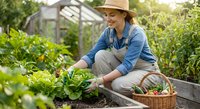 Young woman gardener in straw hat and denim shirt harvesting fresh vegetables in organic garden bed with greenhouse background for sustainable living.