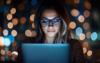 Young Asian woman in glasses illuminated by laptop screen at night with bokeh lights background, working late on digital device, professional lifestyle.