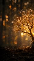 Glowing tree with luminous particles dispersing into dark atmosphere, creating magical light effect for fantasy, spiritual, and inspirational design projects.