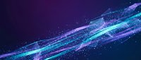 Abstract digital network with glowing blue and purple light streams, particles and connecting lines on dark background for technology concepts.