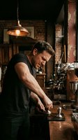 Skilled craftsman working with precision tools in atmospheric workshop with exposed brick walls and warm pendant lighting for artisan manufacturing content.