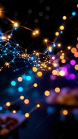 Glowing network connections with colorful bokeh lights creating magical atmosphere against dark background, abstract technological concept for connectivity.