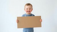 Happy young Caucasian boy in blue shirt holding blank cardboard sign on white background isolated for design projects and promotional materials.