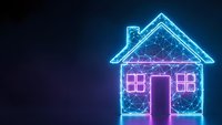 Futuristic neon house outline with geometric network pattern in blue and purple colors on dark background for smart home technology concepts.