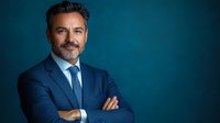 Confident mature businessman with salt and pepper beard in navy suit against deep teal background, arms crossed in professional portrait.
