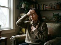 Young Caucasian woman experiencing headache or stress sitting on couch at home holding head in hand wearing cozy sweater in natural light interior.