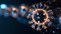 Glowing virus cell structure with spiky crown proteins on dark blue background with bokeh lights, scientific molecular visualization in golden light.