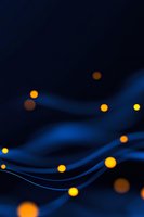 Abstract glowing orange and yellow light orbs floating over flowing blue waves against dark background, creating magical atmospheric effect.