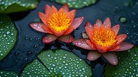Pink water lilies with glowing yellow centers floating on dark water with rain drops on green lily pads creating serene pond atmosphere for wellness designs.